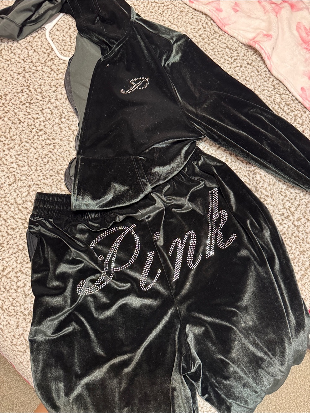 PINK Victoria's Secret Black Velour Rhinestone Logo Tracksuit